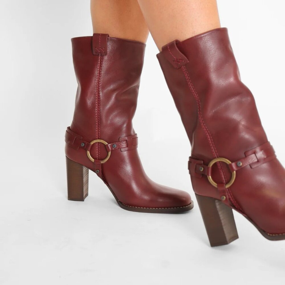 LAST PAIR new Free People Made in Portugal Hayden Harness Boots Leather Wine 894